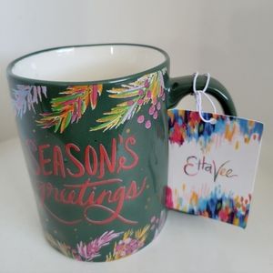 NEW EttaVee Coffee Mug Cup Green Seasons Greetings Painted Christmas